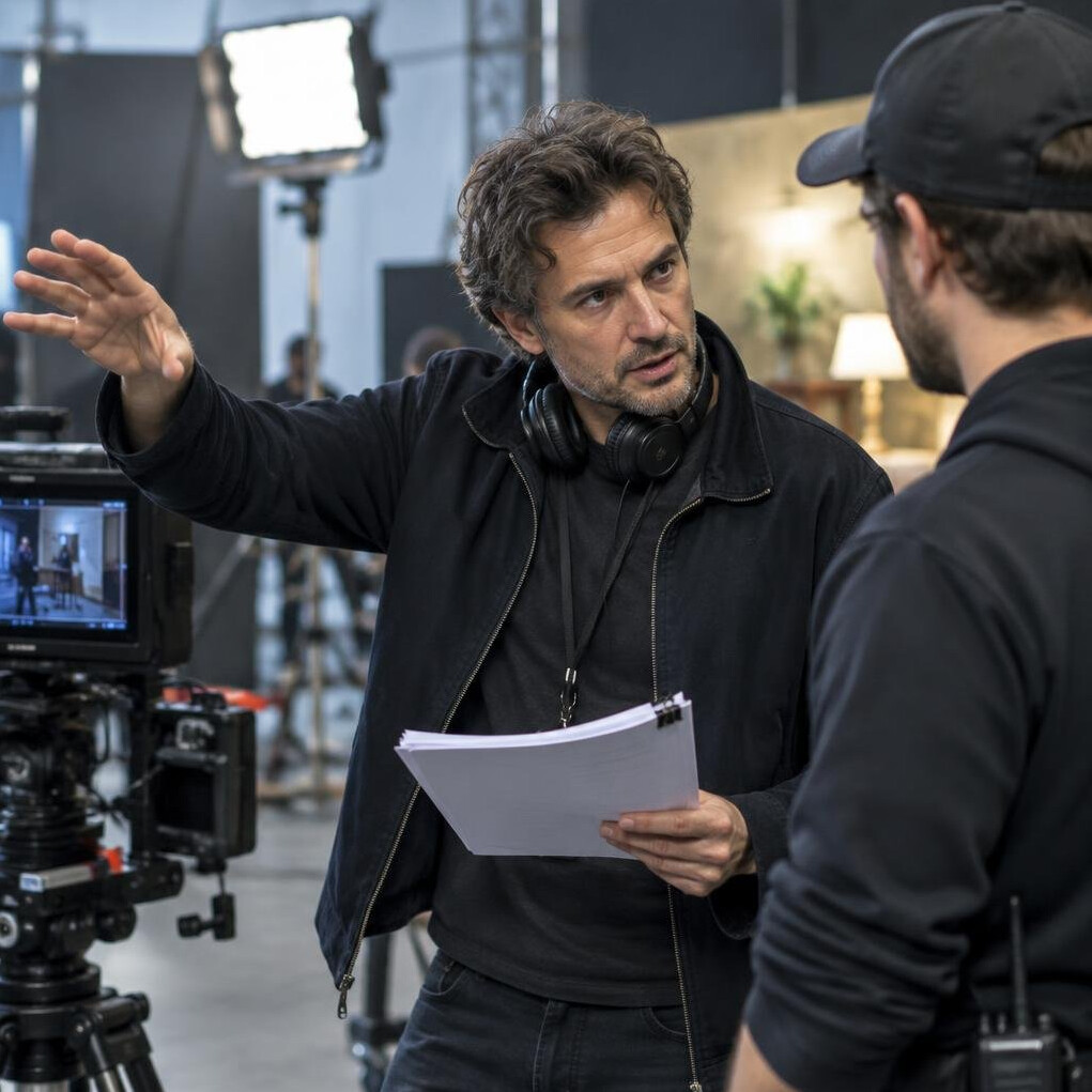 Director giving instructions to a crew member on set