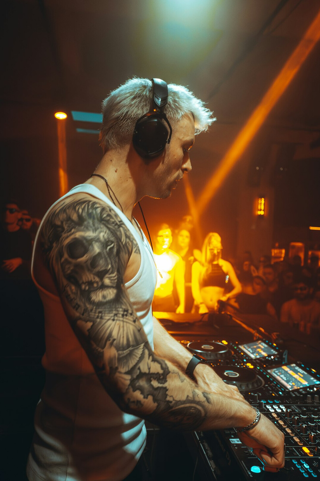 European male sound engineer wearing headphones at a mixing desk
