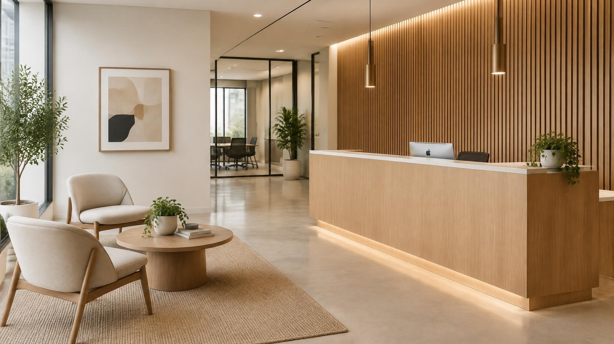 Modern office reception area with seating