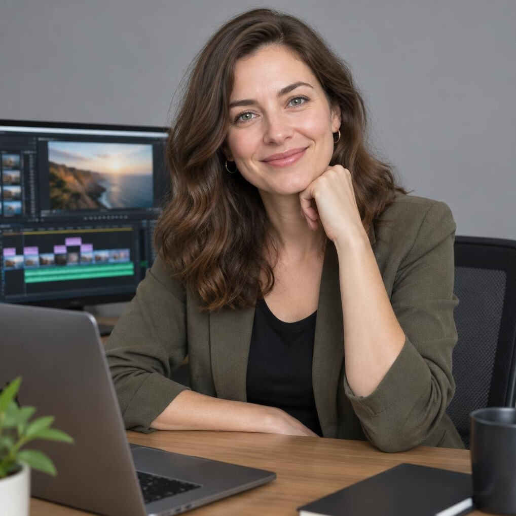 European female video editor sitting at a desk with monitors