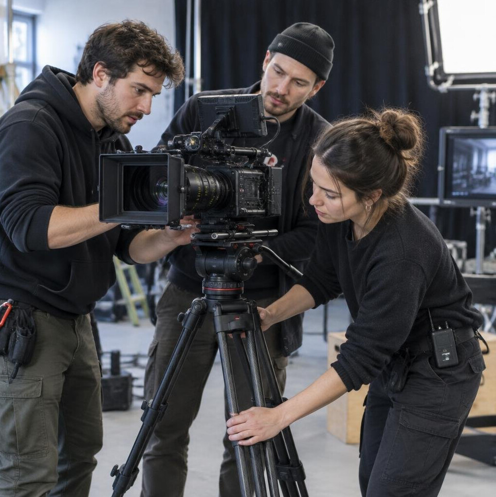 Film crew adjusting camera equipment on a studio set