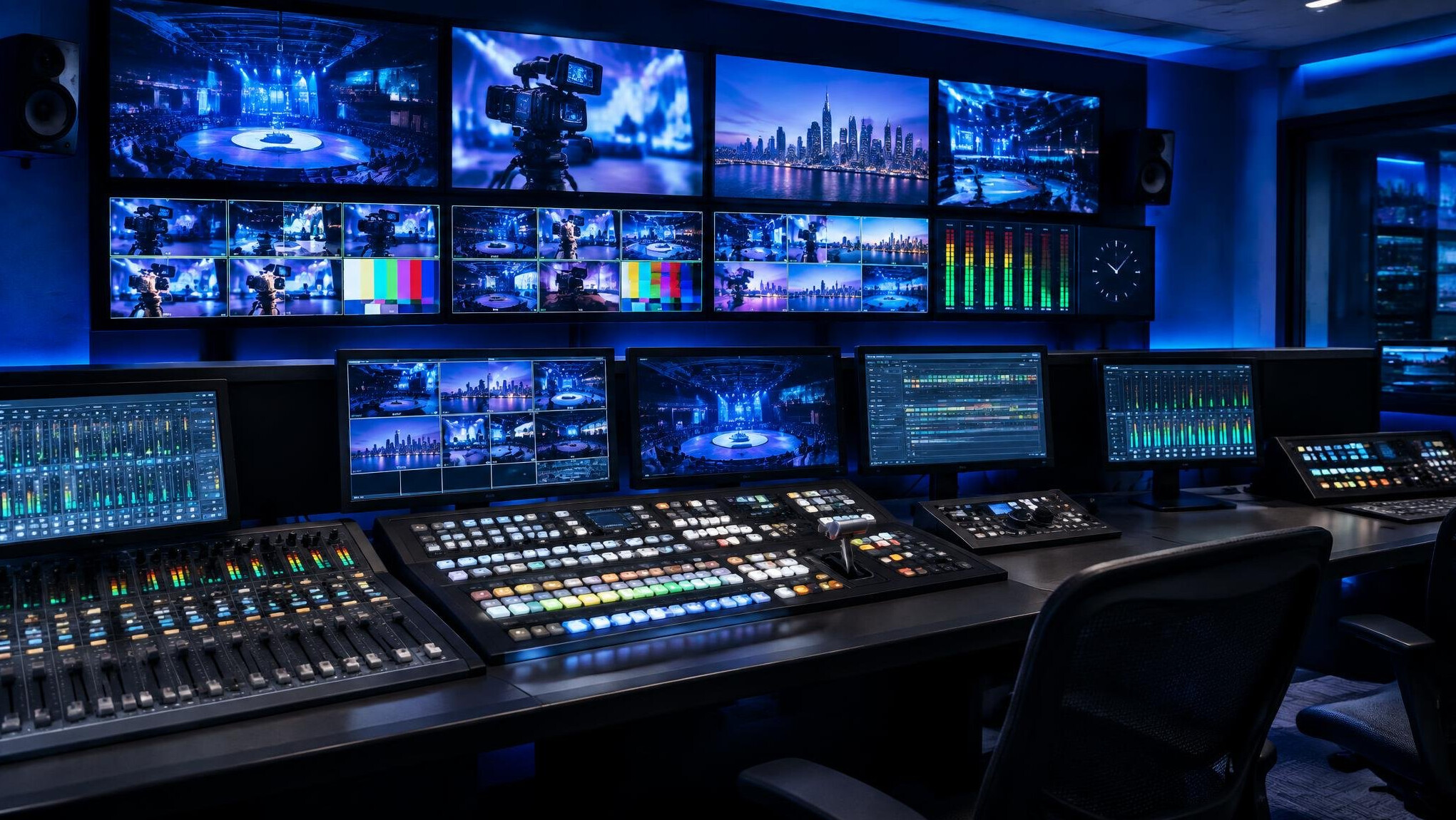 Broadcast control room with monitors and mixing consoles