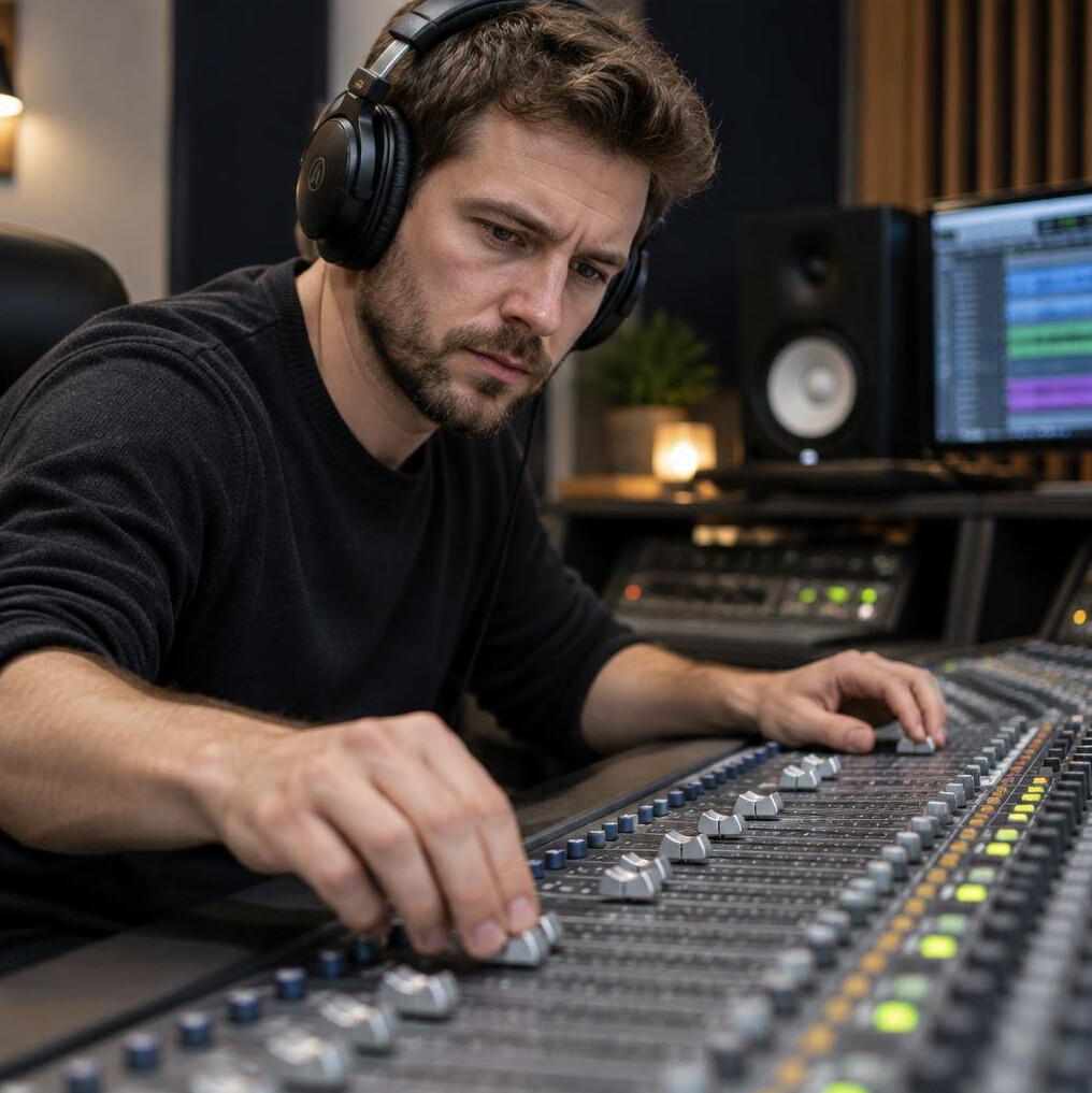 Sound engineer adjusting a mixing console while wearing headphones