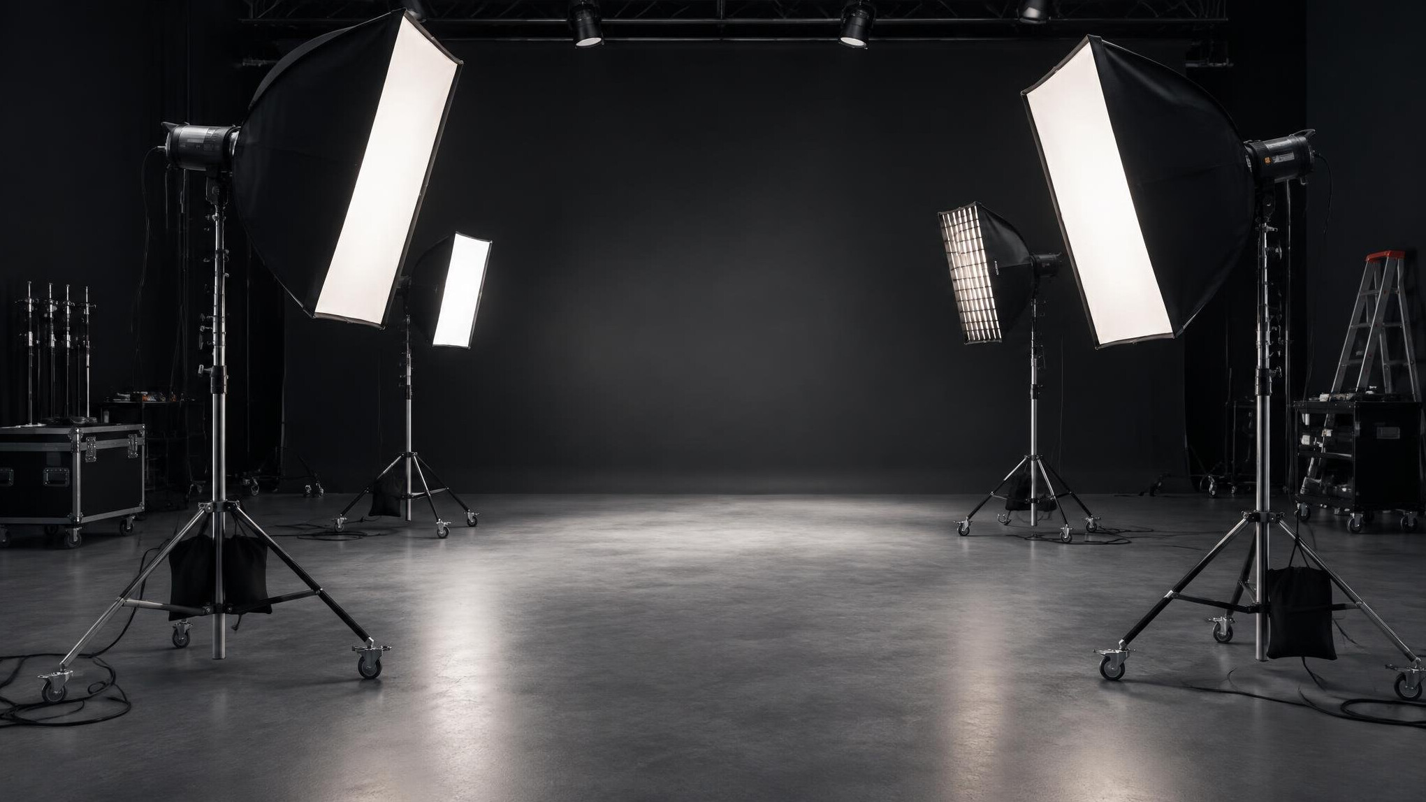 Studio lighting rig and softboxes set up on a film set