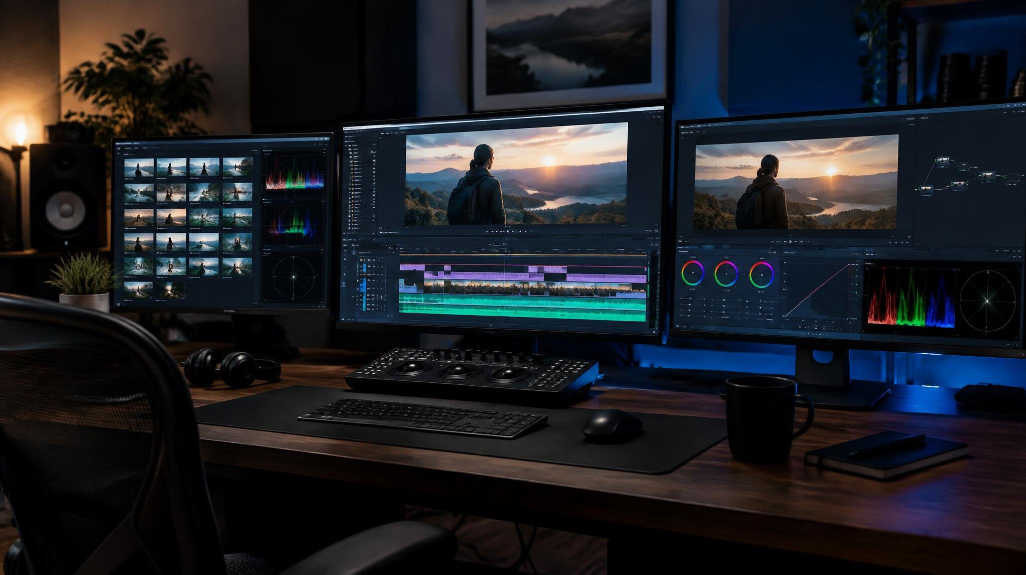 Video editor working at a multi monitor editing workstation