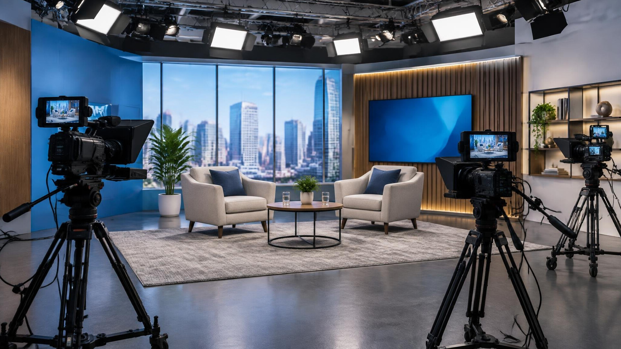 TV studio set with cameras and lights ready for a corporate production