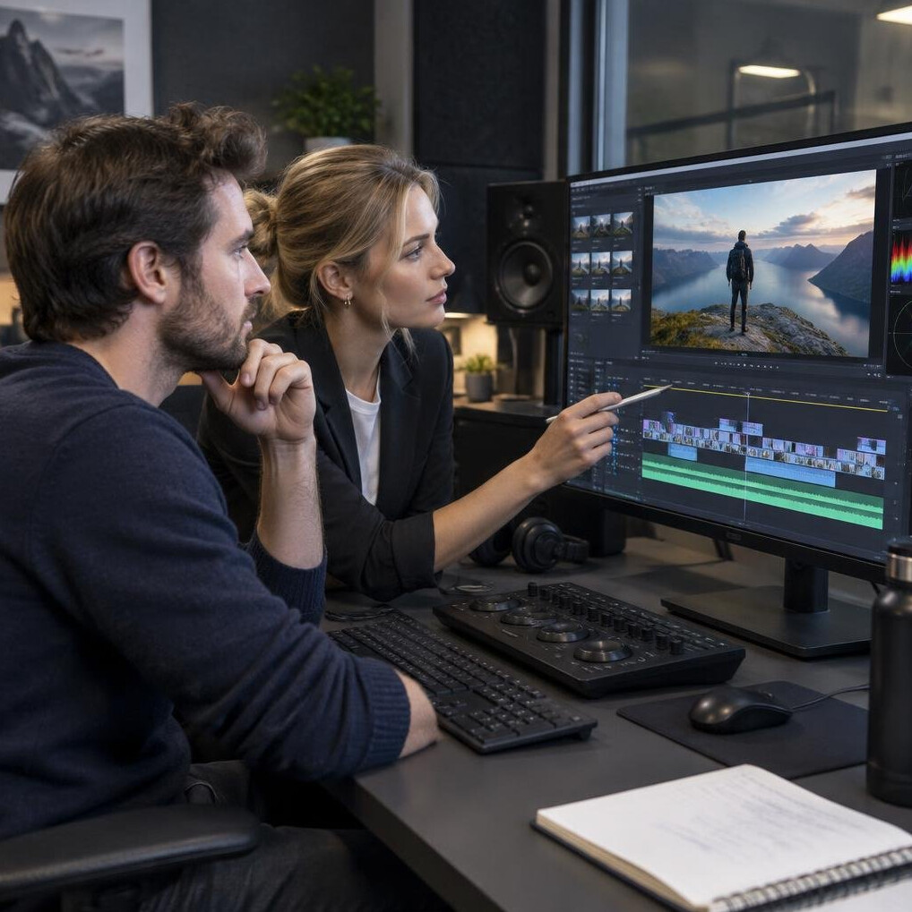 Editor and producer reviewing footage together on a monitor